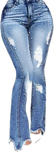 Women Pearl Jeans Ripped Distressed Denim Pants High Waist Casual Baggy Boyfriend Trousers in Saudi Arabia