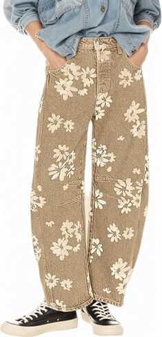 Womens Barrel Jeans Baggy Mid-Low Rise Jeans Y2k Floral Printed Denim Leopard Pants Ankle Boyfriend Denim Pants in Saudi Arabia