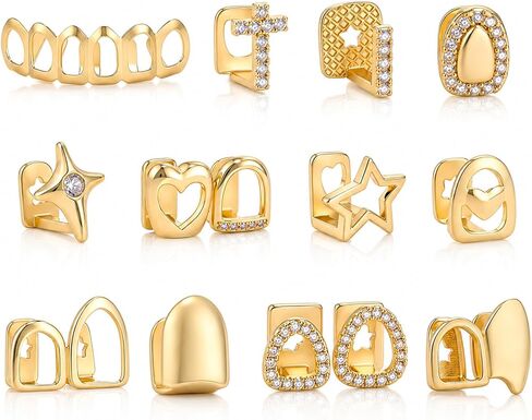Huwena 12 Pcs Teeth Grills Caps for Women Men Hip Hop Fake Tooth Cap Dental Grill Jewelry Braces Kit Reusable & Comfortable for Halloween Party Concerts Cosplay Bars Star Fang Heart Design in Kuwait