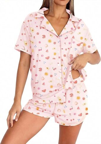Womens 2 Piece Cute Fruit Pajamas Floral Pjs Button Down Short Sleeve and Shorts Set Y2K Summer Lounge Set Sleepwear in Saudi Arabia