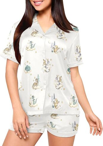 Pajamas Set for Women Short Sleeve Sleepwear Button Down Satin Pjs Soft 2 Piece Lounge Sets S-XXL in Kuwait
