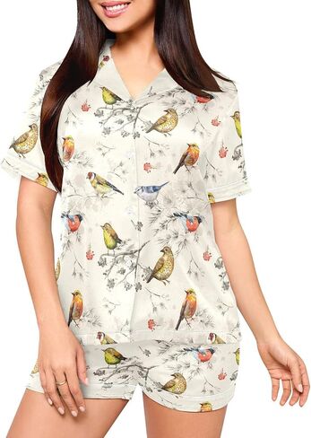 Pajamas Set for Women Short Sleeve Sleepwear Button Down Satin Pjs Soft 2 Piece Lounge Sets S-XXL in Kuwait