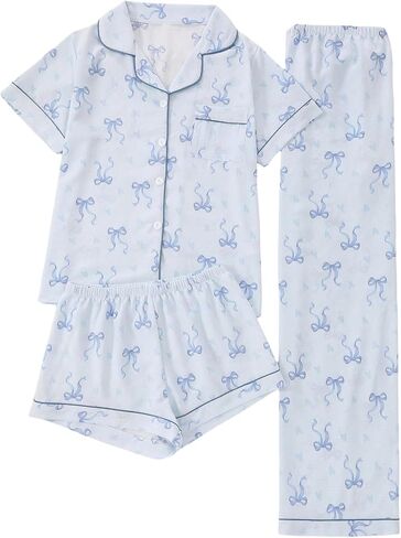 WDIRARA Women's Bow Print 3 Piece Pajama Set Short Sleeve Button Down Pjs Set Sleepwear in Kuwait