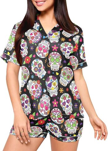 Pajamas Set for Women Short Sleeve Sleepwear Button Down Satin Pjs Soft 2 Piece Lounge Sets S-XXL in Kuwait