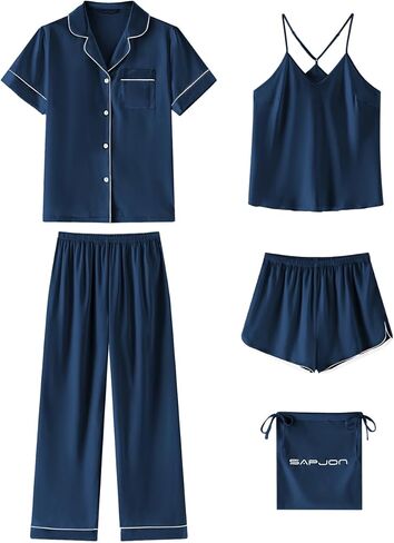 SAPJON Silk Satin Pajamas for Women 5Pcs Button Down Short Sleeve Top and Shorts Soft Pj Set Notch Collar Loungewear in Saudi Arabia