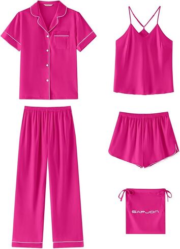 SAPJON Silk Satin Pajamas for Women 5Pcs Button Down Short Sleeve Top and Shorts Soft Pj Set Notch Collar Loungewear in Saudi Arabia