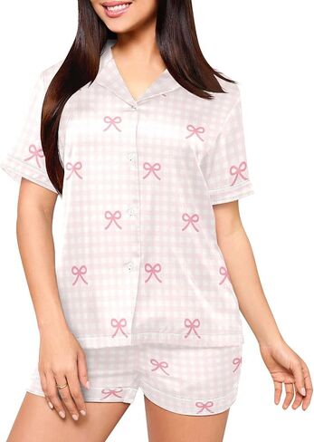 Pajamas Set for Women Short Sleeve Sleepwear Button Down Satin Pjs Soft 2 Piece Lounge Sets S-XXL in Kuwait