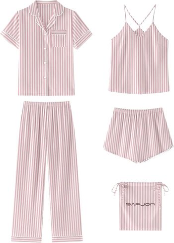 SAPJON Silk Satin Pajamas for Women 5Pcs Button Down Short Sleeve Top and Shorts Soft Pj Set Notch Collar Loungewear in Saudi Arabia