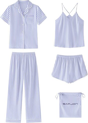 SAPJON Silk Satin Pajamas for Women 5Pcs Button Down Short Sleeve Top and Shorts Soft Pj Set Notch Collar Loungewear in Saudi Arabia