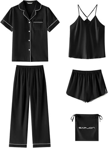 SAPJON Silk Satin Pajamas for Women 5Pcs Button Down Short Sleeve Top and Shorts Soft Pj Set Notch Collar Loungewear in Saudi Arabia