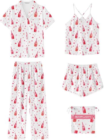 SAPJON Silk Satin Pajamas for Women 5Pcs Button Down Short Sleeve Top and Shorts Soft Pj Set Notch Collar Loungewear in Saudi Arabia