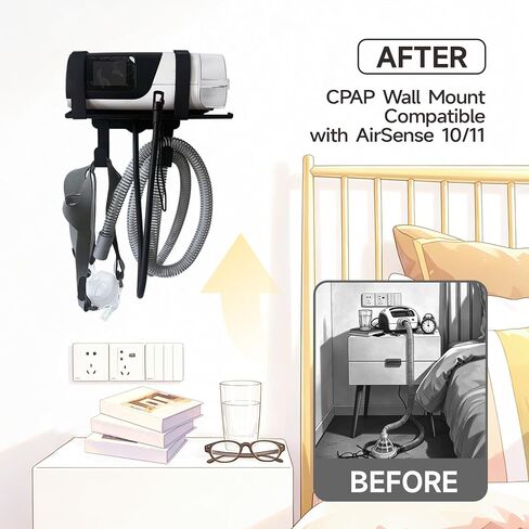 CPAP Wall Mount Shelf for AirSense 10/11 , CPAP Hose Holder Adjustable , Tangle-Free , Cleaning Brush & 2 Hooks , Durable Powder Coating , Rust-Proof to Sturdy and Durable , Save CPAP Nightstand Space in Saudi Arabia