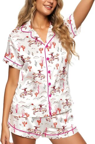 Women’s Silk Satin Pajama Set, Short Sleeve Button Down 2 Piece PJs with Shorts, Cozy Loungewear & Matching Holiday Pajamas in Saudi Arabia