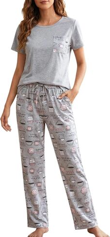 ENJOYNIGHT Womens Pajama Set Cotton Short Sleeve Top and Pant Two Piece Pjs with Pockets in Kuwait