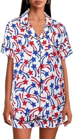 Women 4th of July Pajamas Set American Flag Short Sleeve Shirt and Shorts 2 Piece Independence Day Lounge Pjs Set in Saudi Arabia