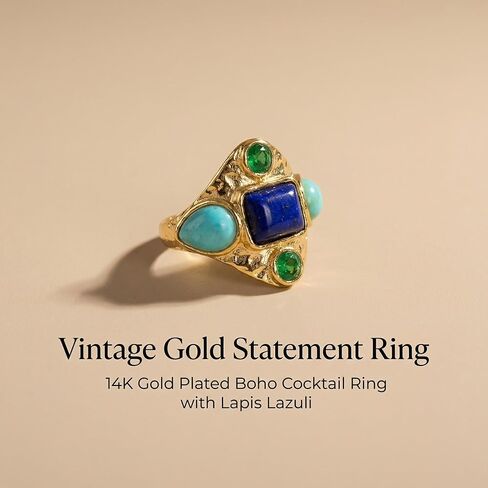 ORIGENCE Vintage Gold Statement Ring for Women, 14K Gold Plated Chunky Boho Cocktail Ring with Synthetic Lapis Lazuli, Multicolor Cabochon Retro Party Festival Jewelry in Saudi Arabia