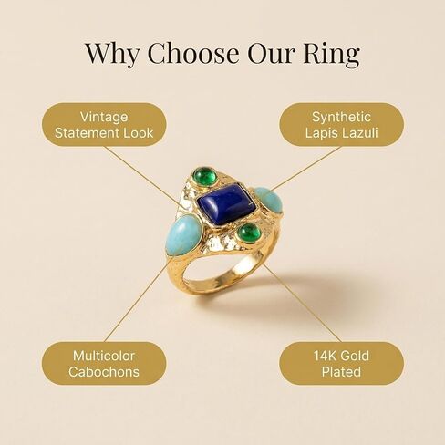 ORIGENCE Vintage Gold Statement Ring for Women, 14K Gold Plated Chunky Boho Cocktail Ring with Synthetic Lapis Lazuli, Multicolor Cabochon Retro Party Festival Jewelry in Saudi Arabia