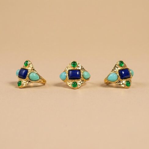 ORIGENCE Vintage Gold Statement Ring for Women, 14K Gold Plated Chunky Boho Cocktail Ring with Synthetic Lapis Lazuli, Multicolor Cabochon Retro Party Festival Jewelry in Saudi Arabia