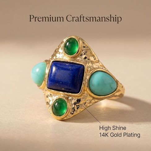 ORIGENCE Vintage Gold Statement Ring for Women, 14K Gold Plated Chunky Boho Cocktail Ring with Synthetic Lapis Lazuli, Multicolor Cabochon Retro Party Festival Jewelry in Saudi Arabia