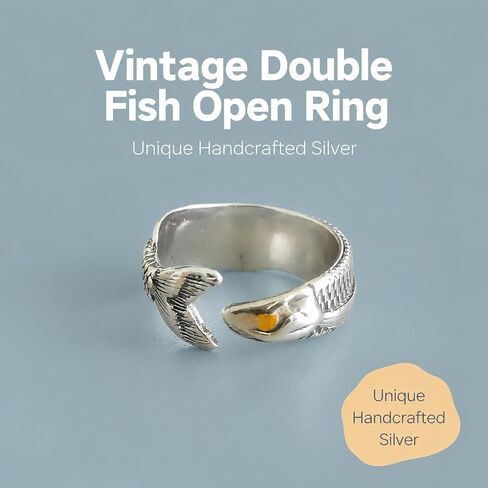 ASIJUNTYECHO Fish Ring, Spoon Ring, Vintage Silver Open Fish Spoon Ring for Women, Unique Ocean Animal Adjustable Ring for Daily Party Vacation Wear in Saudi Arabia