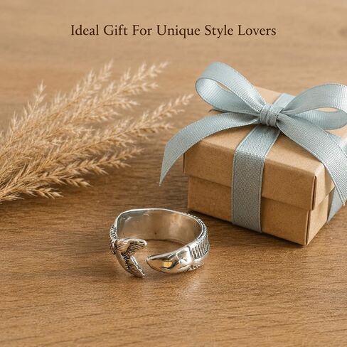 ASIJUNTYECHO Fish Ring, Spoon Ring, Vintage Silver Open Fish Spoon Ring for Women, Unique Ocean Animal Adjustable Ring for Daily Party Vacation Wear in Saudi Arabia