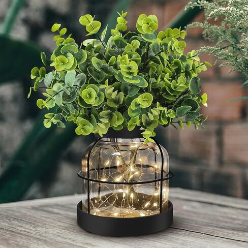 Farmhouse Rustic Glass Vases Primitive Country Lantern Coffee Dining Table Centerpiece Green Fake Artificial Eucalyptus Plants with Light Home Decor for Shelf Desk Counter Kitchen Bathroom in Saudi Arabia