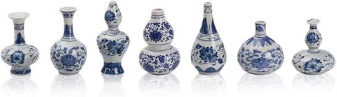 7 Pcs Blue and White Porcelain Bud Vases Set, Vintage Chinoiserie Ceramic Small Flower Vase for Home Decor, Bookshelf, Mantel, Modern Farmhouse Wedding Table Centerpieces in Saudi Arabia