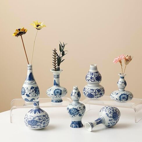 7 Pcs Blue and White Porcelain Bud Vases Set, Vintage Chinoiserie Ceramic Small Flower Vase for Home Decor, Bookshelf, Mantel, Modern Farmhouse Wedding Table Centerpieces in Saudi Arabia