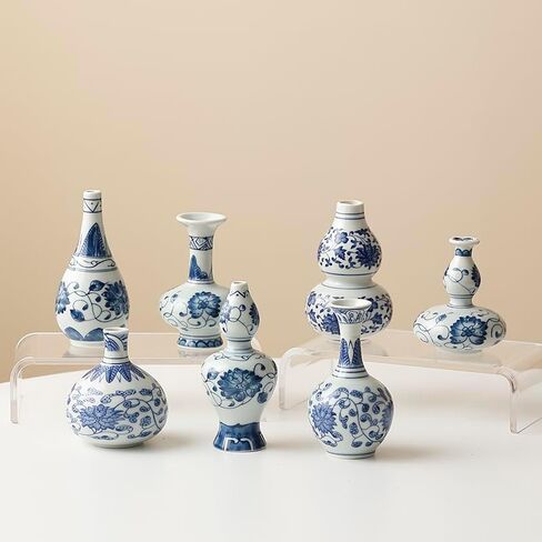 7 Pcs Blue and White Porcelain Bud Vases Set, Vintage Chinoiserie Ceramic Small Flower Vase for Home Decor, Bookshelf, Mantel, Modern Farmhouse Wedding Table Centerpieces in Saudi Arabia