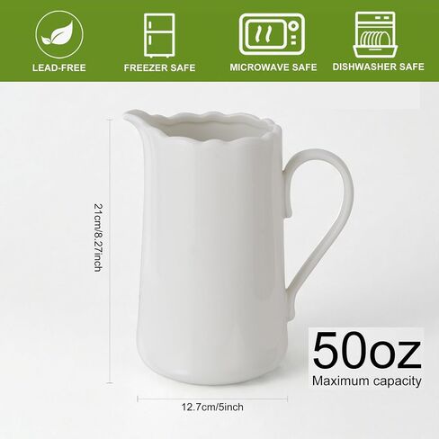 White Ceramic Pitcher Vase, 8" Jug 1.5L Water Pitcher 50 Oz Versatile Jug Farmhouse Flower Vase for Home Décor, Utensil Holder Kitchen Storage Pot, for Home Office Hotel, Dishwasher & Microwave Safe in Saudi Arabia