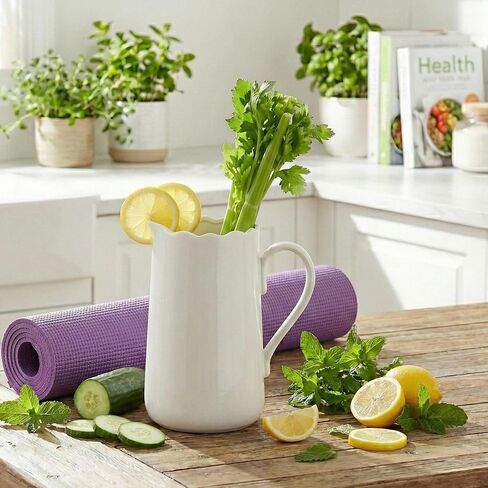 White Ceramic Pitcher Vase, 8" Jug 1.5L Water Pitcher 50 Oz Versatile Jug Farmhouse Flower Vase for Home Décor, Utensil Holder Kitchen Storage Pot, for Home Office Hotel, Dishwasher & Microwave Safe in Saudi Arabia