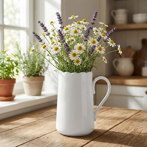 White Ceramic Pitcher Vase, 8" Jug 1.5L Water Pitcher 50 Oz Versatile Jug Farmhouse Flower Vase for Home Décor, Utensil Holder Kitchen Storage Pot, for Home Office Hotel, Dishwasher & Microwave Safe in Saudi Arabia