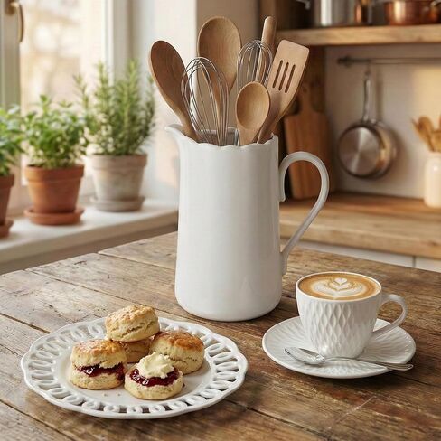 White Ceramic Pitcher Vase, 8" Jug 1.5L Water Pitcher 50 Oz Versatile Jug Farmhouse Flower Vase for Home Décor, Utensil Holder Kitchen Storage Pot, for Home Office Hotel, Dishwasher & Microwave Safe in Saudi Arabia