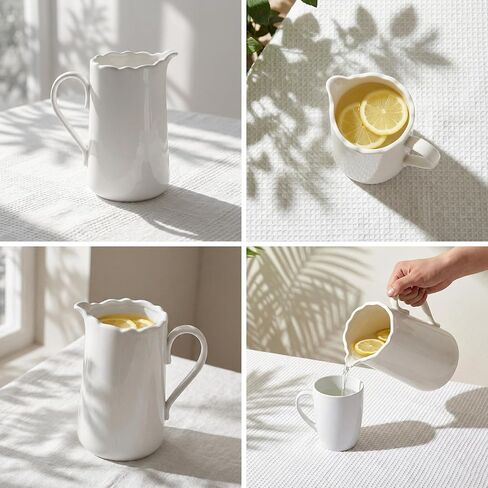 White Ceramic Pitcher Vase, 8" Jug 1.5L Water Pitcher 50 Oz Versatile Jug Farmhouse Flower Vase for Home Décor, Utensil Holder Kitchen Storage Pot, for Home Office Hotel, Dishwasher & Microwave Safe in Saudi Arabia