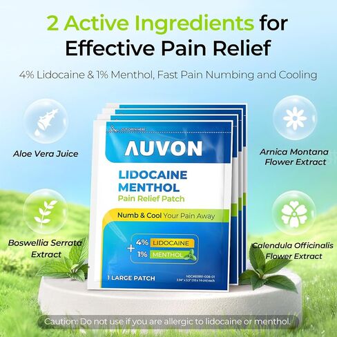 AUVON Max Strength Lidocaine OTC Pain Relief Patches (10 Count), 4% Lidocaine & 1% Menthol Penetrates for Fast, Targeted Relief of Back, Shoulder, Neck & Joint Pain, Adhesive Secure Patches Included in Kuwait