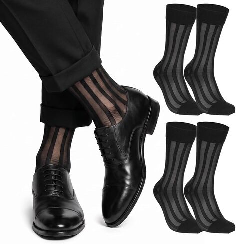 2 Pairs Mens Silk Sheer Socks, Men Casual Business Dress Socks Striped Sheer Nylon Stockings Mens Dress Sock Formal Suit See(Black,) in Saudi Arabia