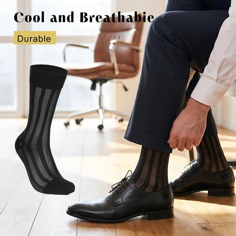 2 Pairs Mens Silk Sheer Socks, Men Casual Business Dress Socks Striped Sheer Nylon Stockings Mens Dress Sock Formal Suit See(Black,) in Saudi Arabia