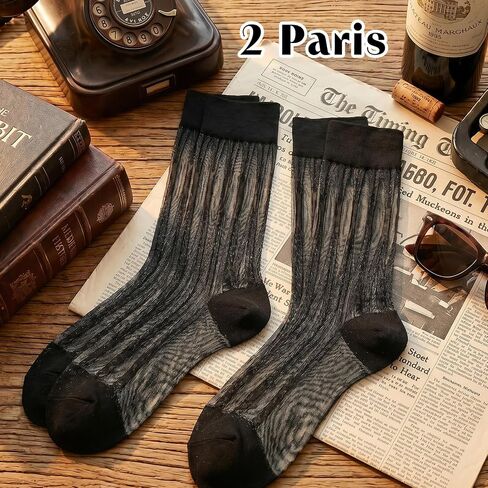 2 Pairs Mens Silk Sheer Socks, Men Casual Business Dress Socks Striped Sheer Nylon Stockings Mens Dress Sock Formal Suit See(Black,) in Saudi Arabia