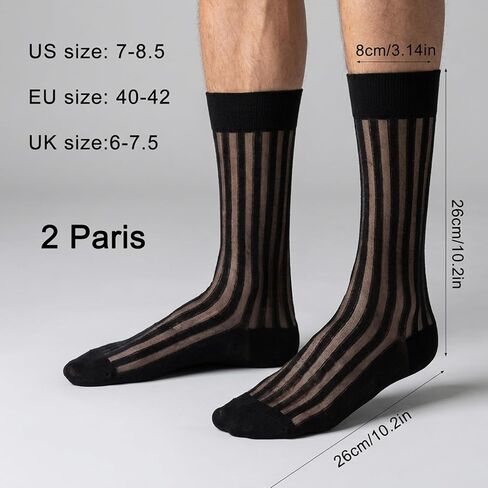 2 Pairs Mens Silk Sheer Socks, Men Casual Business Dress Socks Striped Sheer Nylon Stockings Mens Dress Sock Formal Suit See(Black,) in Saudi Arabia