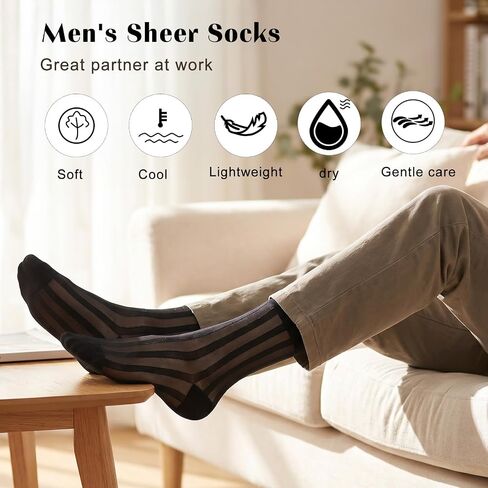 2 Pairs Mens Silk Sheer Socks, Men Casual Business Dress Socks Striped Sheer Nylon Stockings Mens Dress Sock Formal Suit See(Black,) in Saudi Arabia