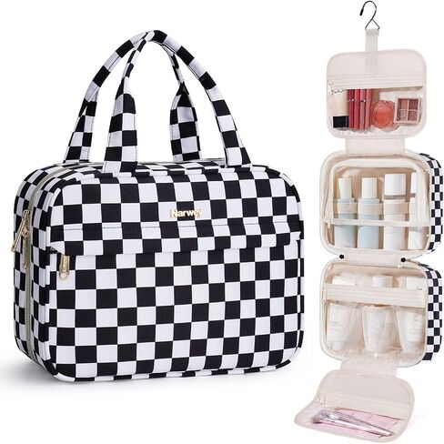 Narwey Hanging Toiletry Bag for Women Checkered Travel Makeup Bag Cosmetic Make Up Organizer Toiletries Bag for Travel Essentials Accessories (Mint Green Checkerboard, Medium) in Kuwait