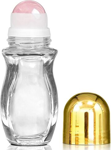 Rose Quartz Roller Waisted Bottles for Essential Oils,50ml Refillable Amber Glass Roll On Bottles with Natural Crystal Roller Balls, Leak-Proof Travel Perfume Bottle with Gold Caps in Saudi Arabia