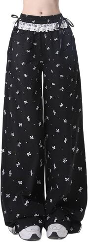 Womens Wide Leg Pants Lace Trim Bow Printed Loose Lounge Pants Beach Trousers Cute Summer Bottoms with Pockets in Kuwait