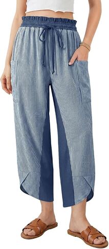 TARSE Womens Linen Palazzo Pants Striped Wide Leg Casual Capri Pant Drawstring Summer Harem Pants with Pockets in Saudi Arabia