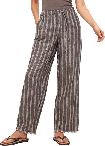 Amazhiyu Womens 100% Linen Wide Leg Pants Striped Drawstring Pants with Pockets in Kuwait
