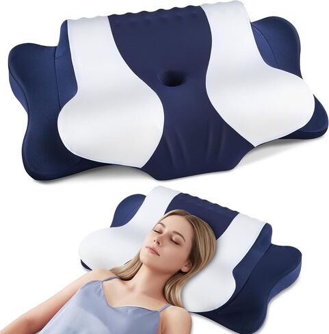 Cervical Neck Pillow for Pain Relief,Cervical Pillow with Memory Foam Ergonomic Pillows with Dual Heights for Back,Stomach and Side Sleepers Kids' Floor Pillows Cushions (Blue, Standard 26"×15") in Saudi Arabia