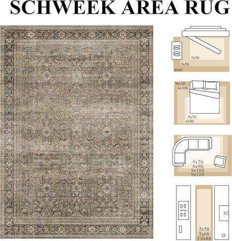 Schweek 8x10 Washable Area Rug Brown Neutral Vintage Distressed Rugs Large Non-Slip Living Room Area Rugs, Soft Low Pile Carpet Indoor Mat Throw Rug for Bedroom Dining Room Office Nursery in Saudi Arabia