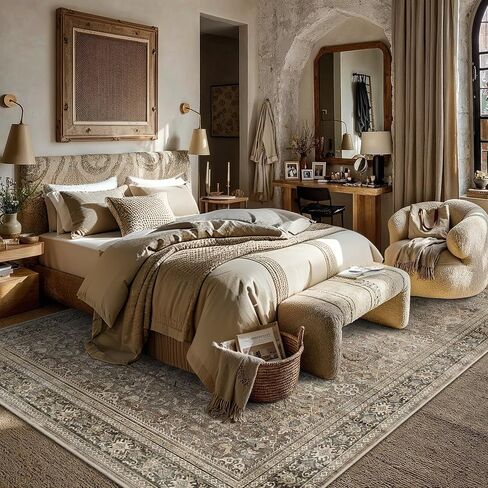 Schweek 8x10 Washable Area Rug Brown Neutral Vintage Distressed Rugs Large Non-Slip Living Room Area Rugs, Soft Low Pile Carpet Indoor Mat Throw Rug for Bedroom Dining Room Office Nursery in Saudi Arabia