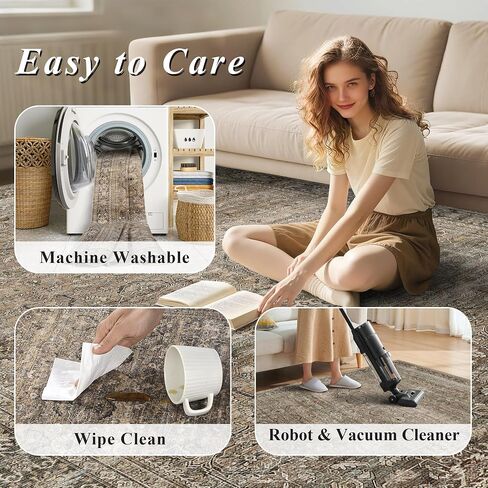 Schweek 8x10 Washable Area Rug Brown Neutral Vintage Distressed Rugs Large Non-Slip Living Room Area Rugs, Soft Low Pile Carpet Indoor Mat Throw Rug for Bedroom Dining Room Office Nursery in Saudi Arabia