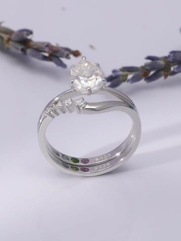 Full Moissanite 1.5CT Pear Cut 2pcs Ring Sets S925 Sterling Silver Contoured Band Single Side 5 Stones Stackable Bridal Women in Saudi Arabia